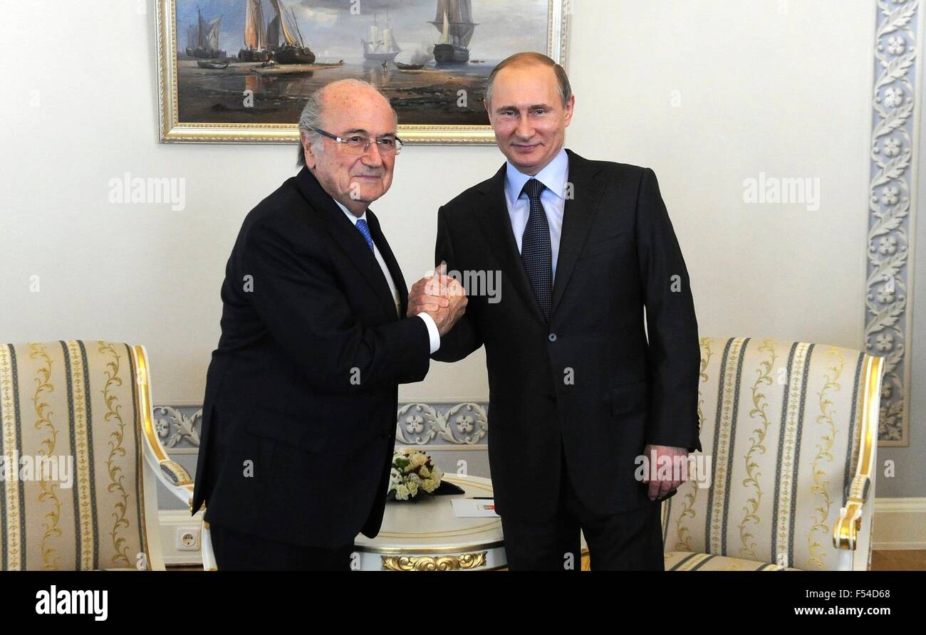 Russian President Vladimir Putin meets with President of the International Federation of Football Associations Sepp Blatter prior to the 2018 FIFA World Cup preliminary draw July 25, 2015 in St Petersburg, Russia. Stock Photo