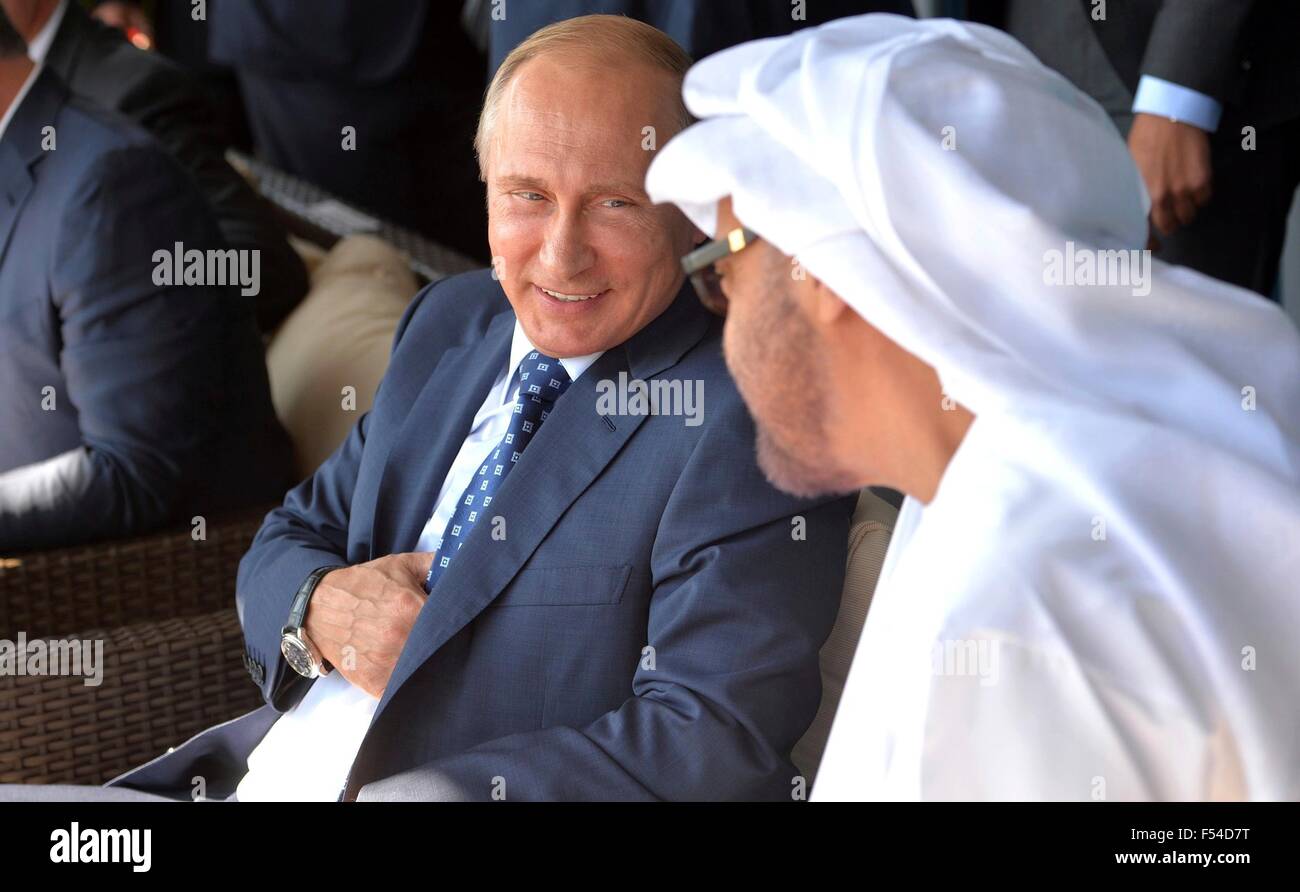 Russian President Vladimir Putin with Crown Prince of Abu Dhabi Muhammed Al Nahyan during the International Aviation and Space Salon MAKS-2015 August 25, 2015 in Zhukovsky, Russia. Stock Photo