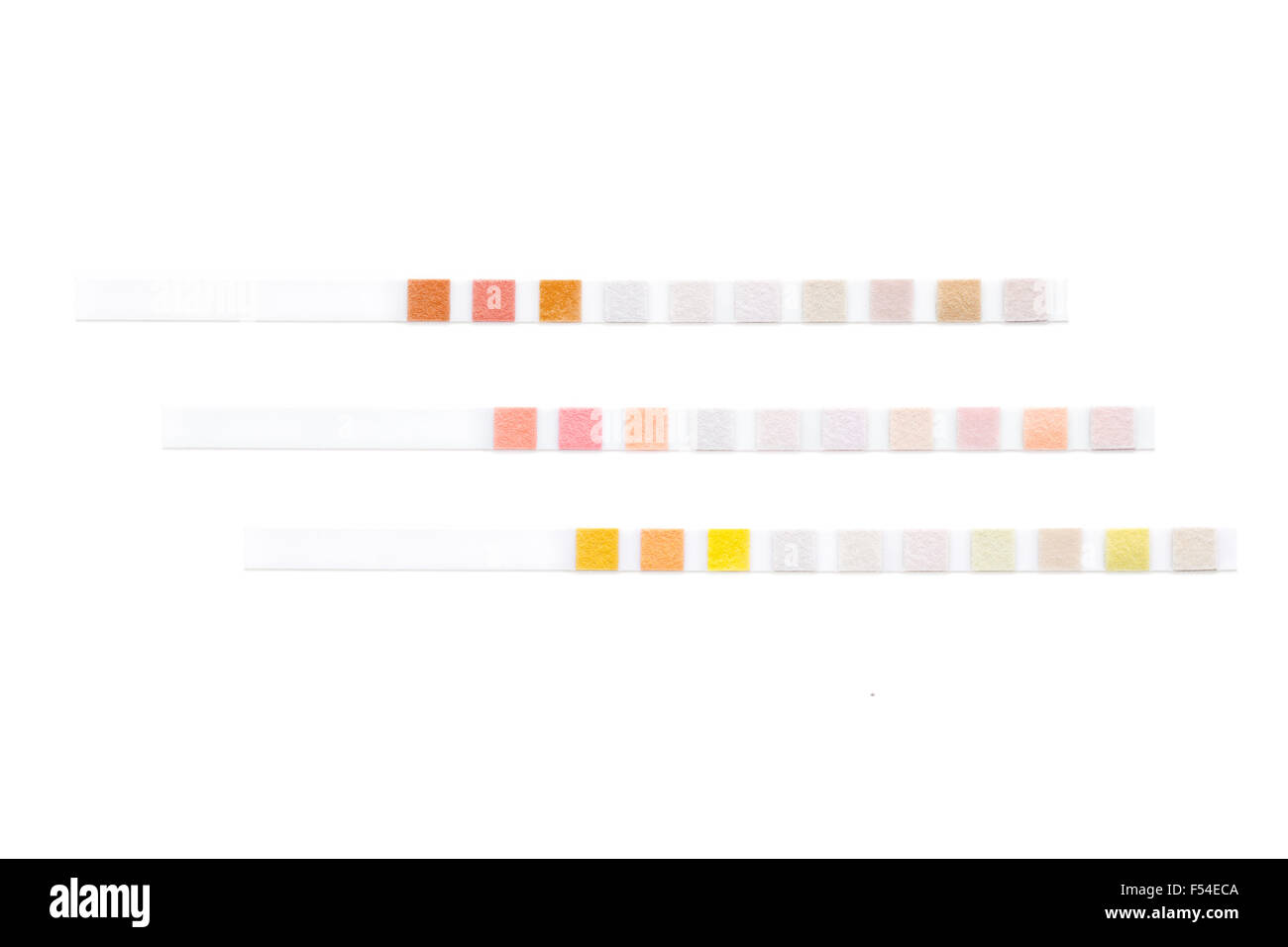 Three colored test strips for semiquantitative analysis isolated on ...