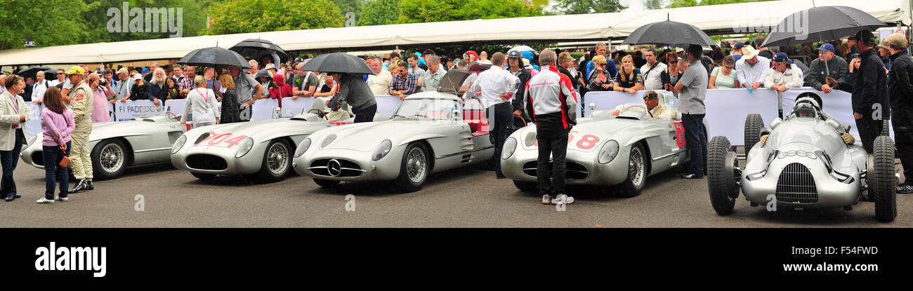 A row of Mercedes-Benz 300 SLR racing cars inside the paddock at the Goodwood Festival of Speed. Stock Photo