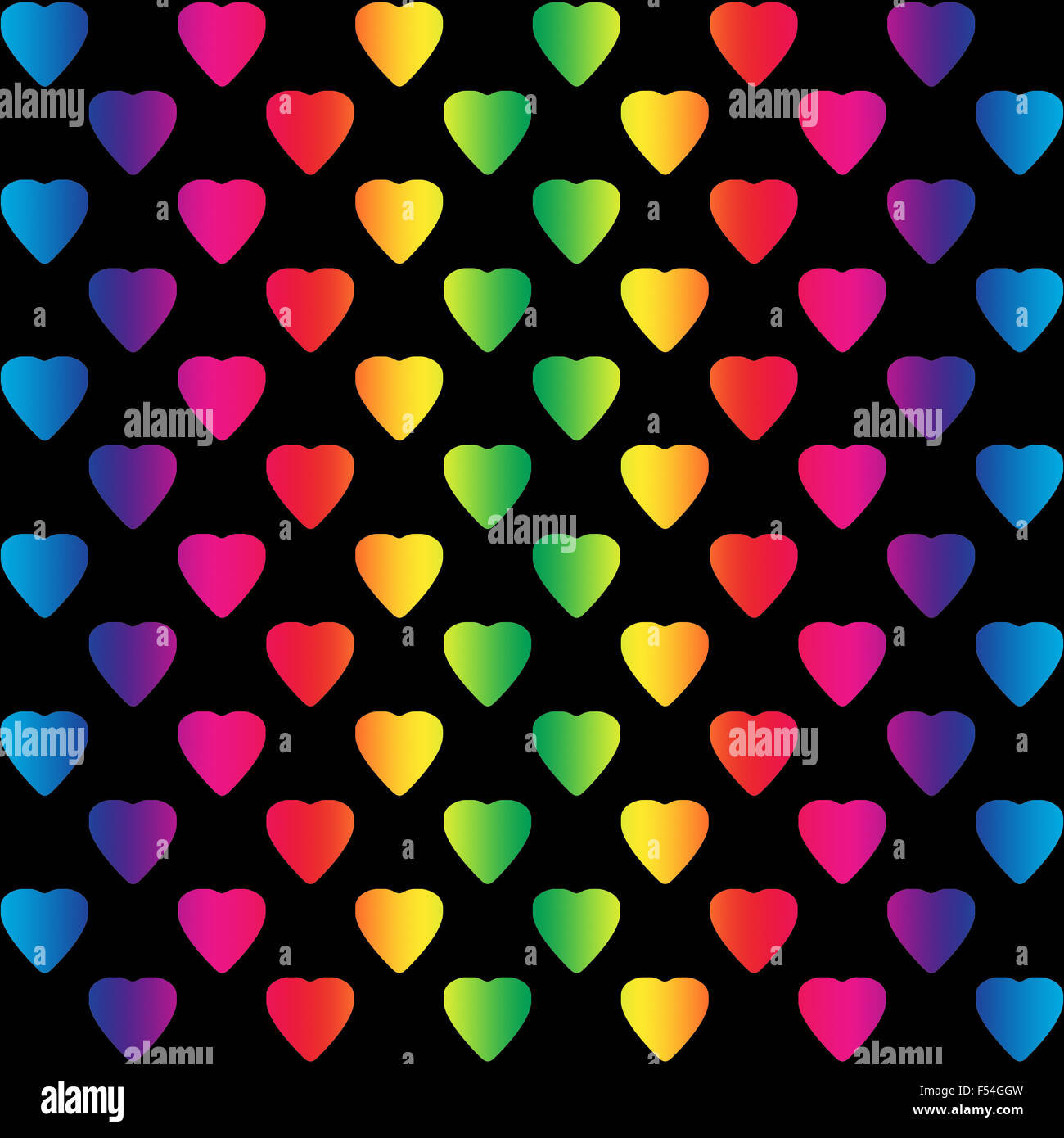 Bright rainbow colored hearts on black background, a seamless pattern Stock Photo