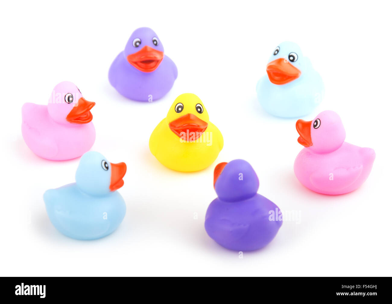 Group of rubber ducks talking together - concept of being friends and including everyone - focus on yellow duckling Stock Photo