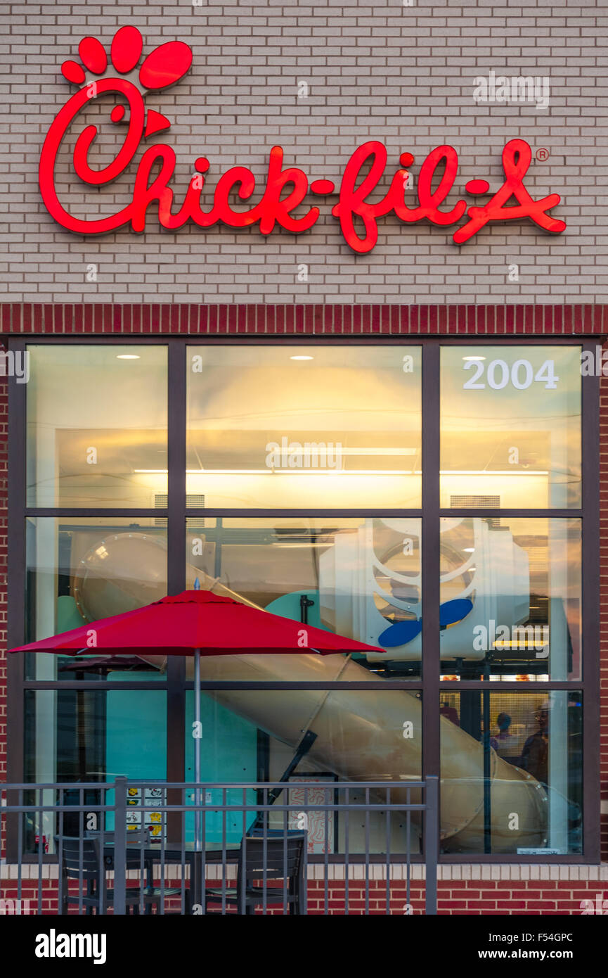 Chick-fil-A restaurant storefront with indoor playground in Muskogee, Oklahoma. USA. Stock Photo