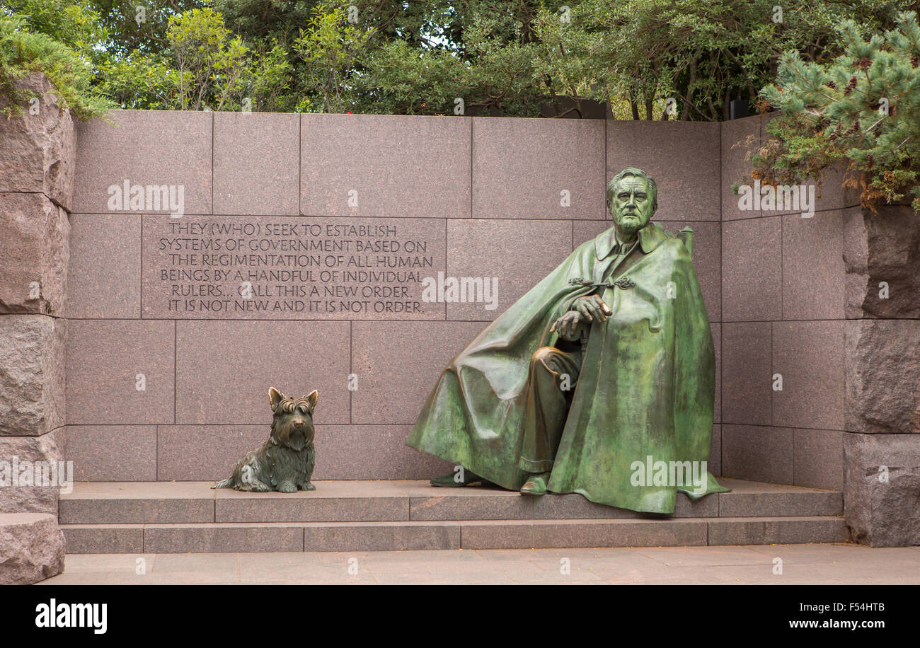 WASHINGTON, DC, USA - Franklin D. Roosevelt Memorial. FDR and his pet dog Fala bronze statue Stock Photo