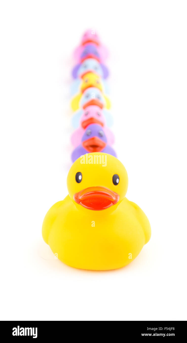 Big rubber duck in front of a line of small ducklings - concept of leading Stock Photo