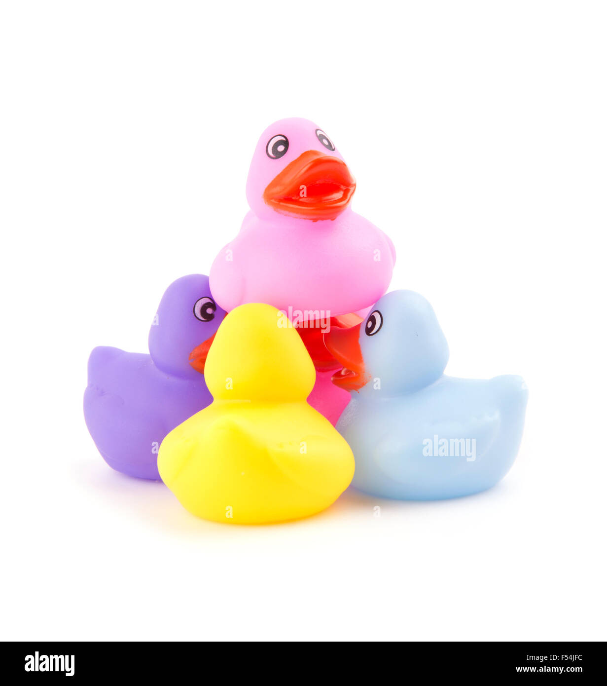 Rubber ducks working together to hold one up - concept of teamwork Stock Photo