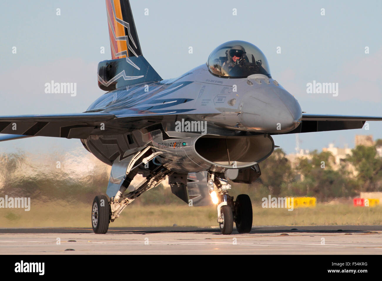 Belgian F-16AM Fighting Falcon military fighter jet plane in special display colours. Modern military aviation and combat aircraft. Stock Photo