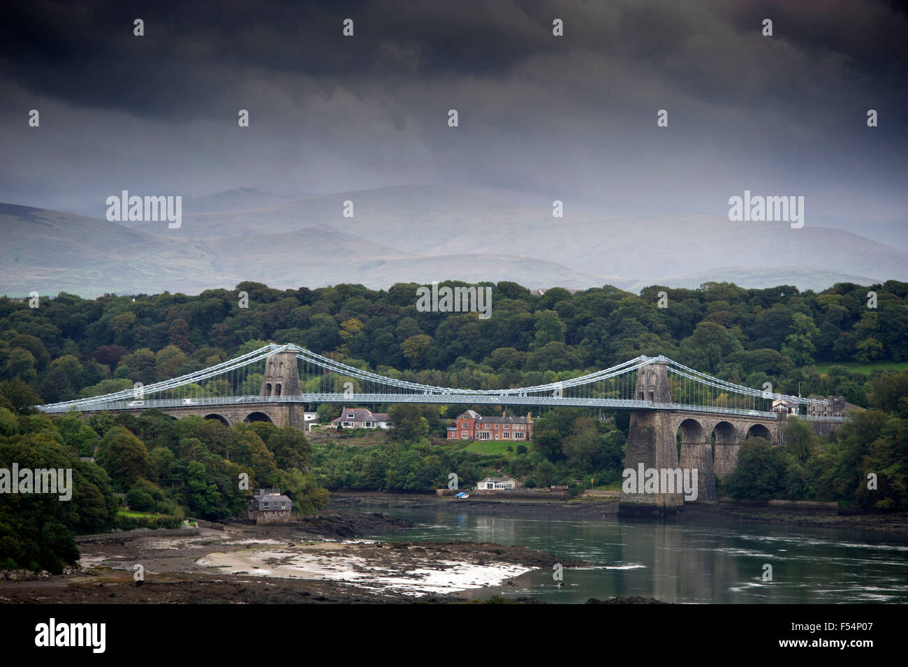 The Menai bridge in Anglessey, North Wales. Stock Photo