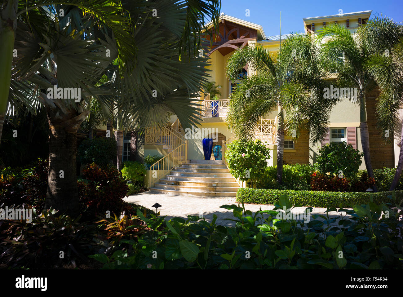 Luxury, stylish, winter home with sundeck and palm trees on Captiva Island in Florida, USA Stock Photo