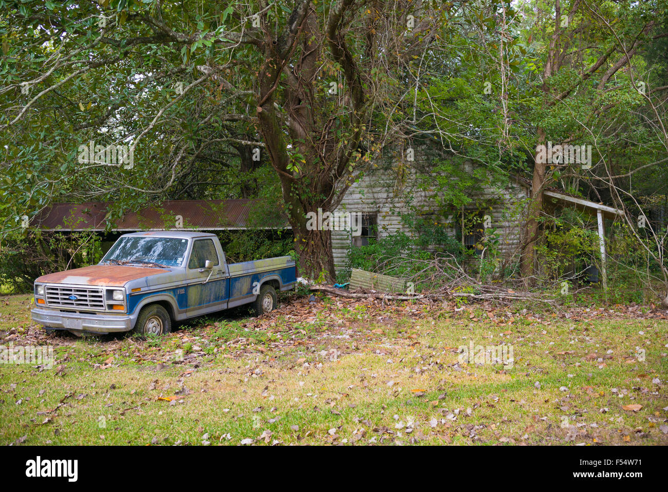Derelict rundown old Cajun shack and rusty Ford F150 pickup truck in Louisiana, USA Stock Photo