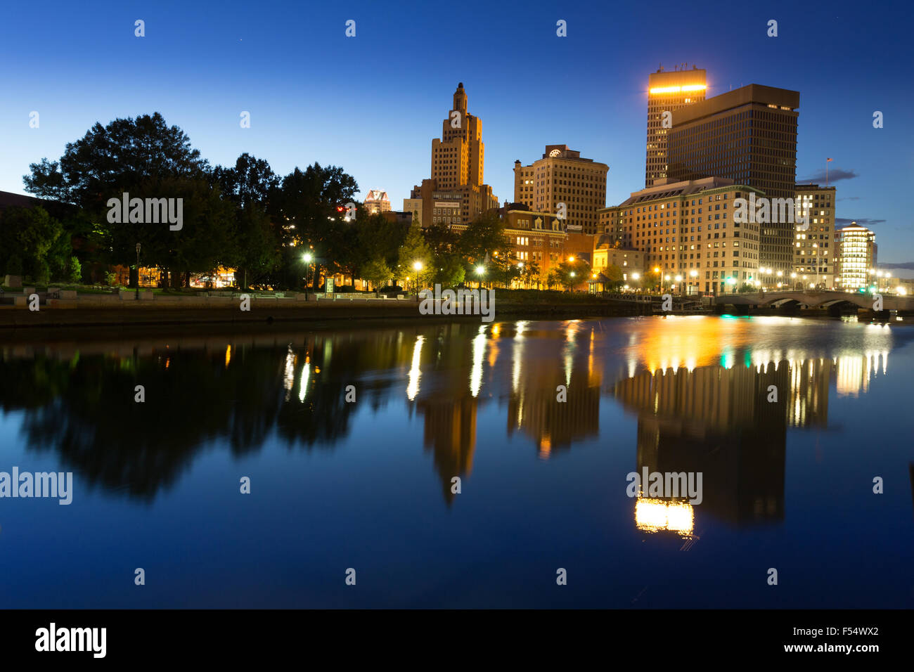 providence river night water reflection downtown buildings Stock Photo