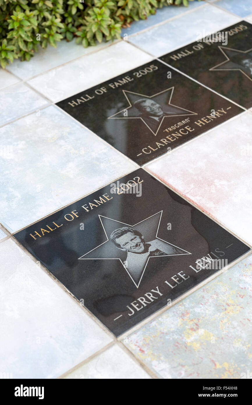 Walk of Fame on the The Blues Trail - plaques in tribute to Jerry Lee Lewis, Clarence Henry at Delta Music Museum, Ferriday, USA Stock Photo