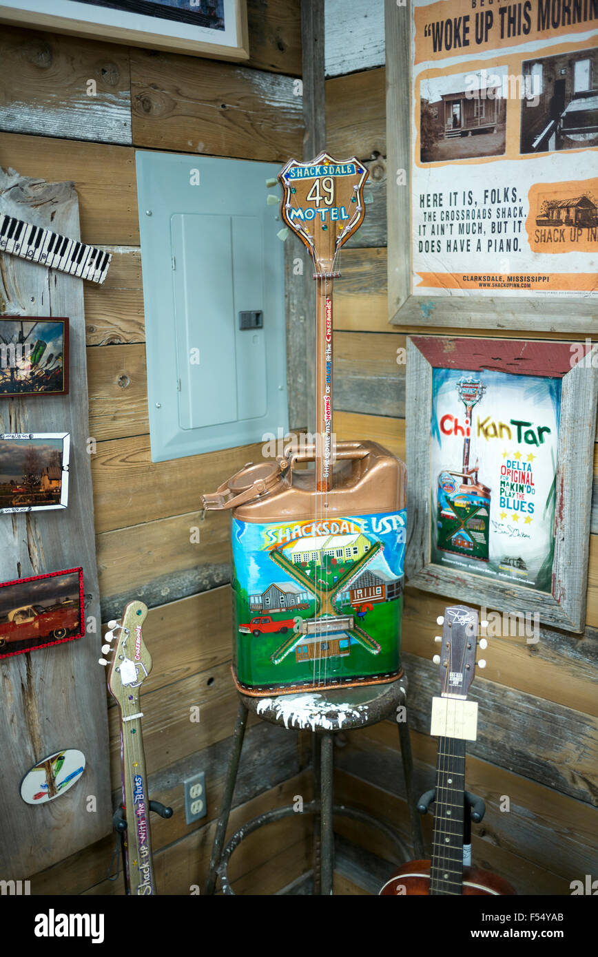 Guitar shape oil can souvenir in gift shop at The Shack Up Inn cotton pickers themed hotel, Clarksdale, Mississippi USA Stock Photo