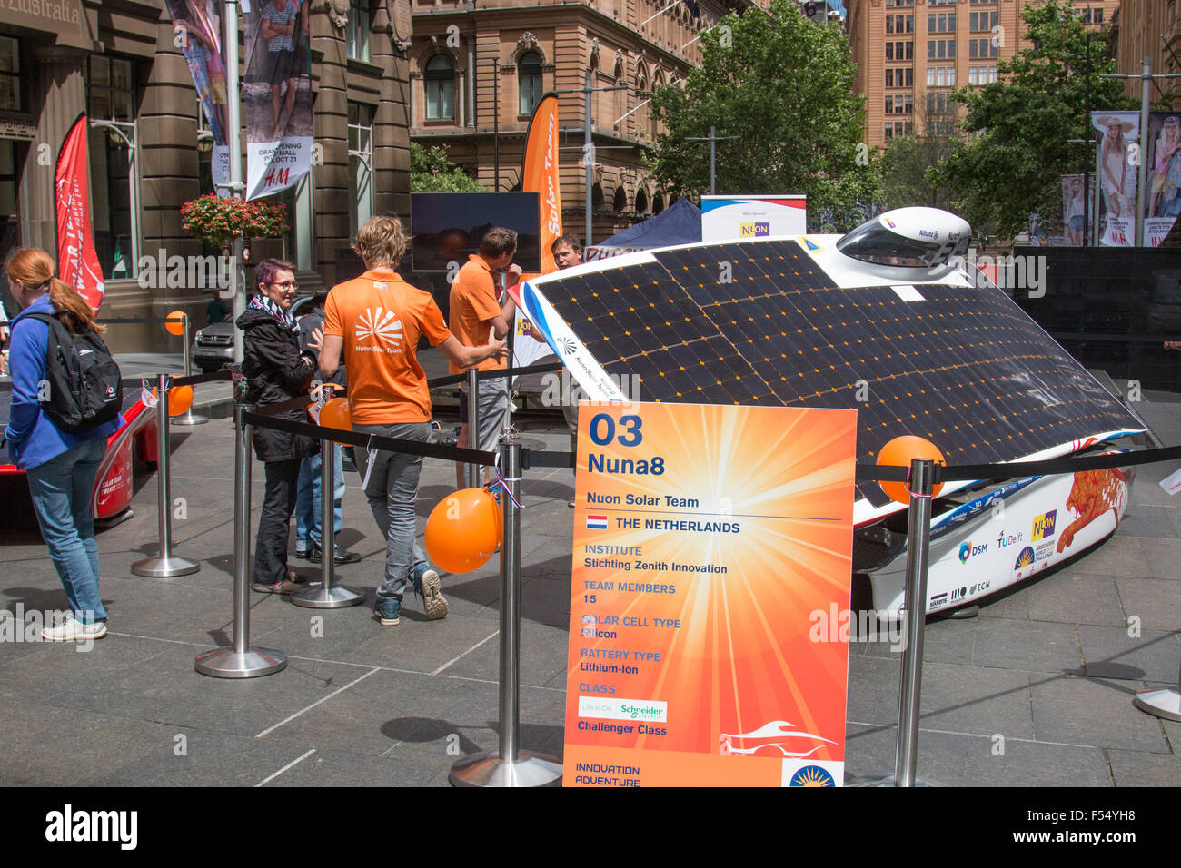 Sydney, Australia. 28th Oct, 2015. Dutch cars Nuon nuna 8  (pictured) and Team Twente  finish 1st and 2nd in the gruelling world solar challenge 3000km race between Darwin and Adelaide, the Netherlands consulate general presents the cars in Sydney Martin Place as an example of Dutch Holland innovation. Stock Photo