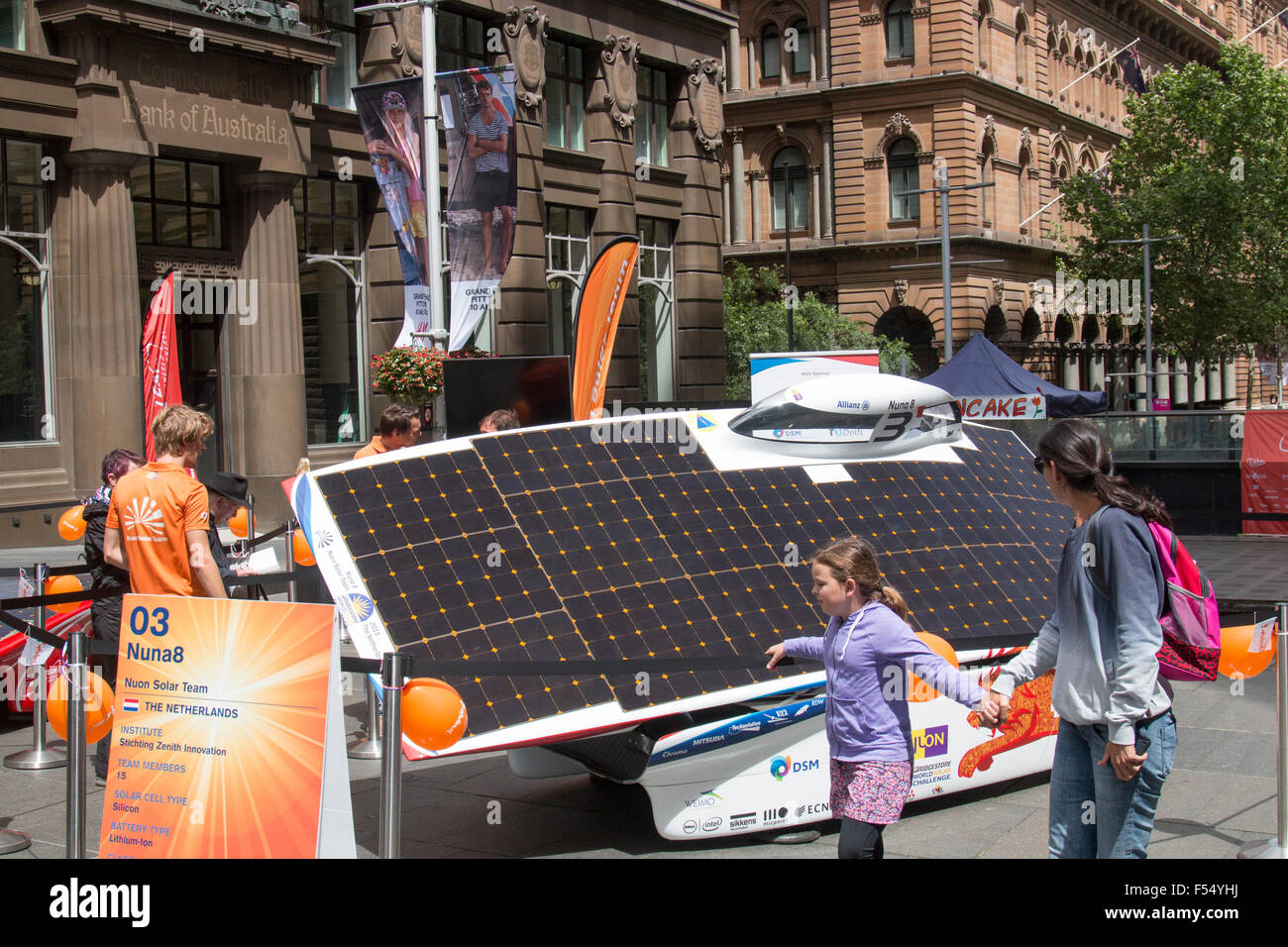 Sydney, Australia. 28th Oct, 2015. Dutch cars Nuon nuna 8  ( pictured) and Team Twente  finish 1st and 2nd in the gruelling world solar challenge 3000km race between Darwin and Adelaide, the Netherlands consulate general presents the cars in Sydney Martin Place as an example of Dutch Holland innovation. Stock Photo