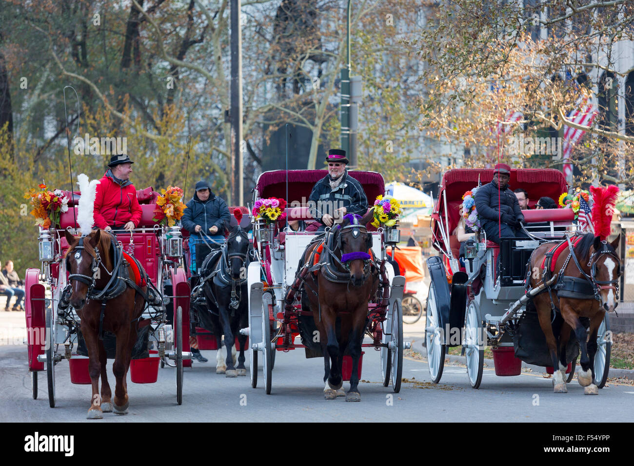 Tourists taking traditional horse and carriage ride in winter time in Central Park, New York, USA Stock Photo