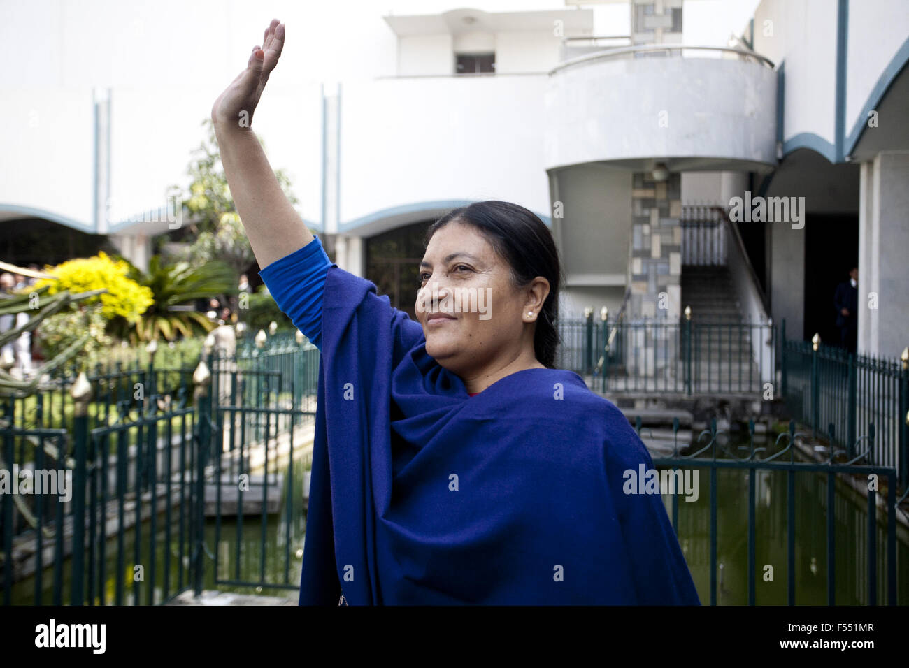 Kathmandu, Nepal. 28th Oct, 2015. Vice-Chairperson of the Communist Party of Nepal (Unified Marxist-Leninist) (CPN-UML) Bidhya Devi Bhandari waves after voting at the Parliament in Kathmandu, Nepal, Oct. 28, 2015. Nepal's first presidential election after the promulgation of new constitution began on Wednesday morning. Credit:  Pratap Thapa/Xinhua/Alamy Live News Stock Photo