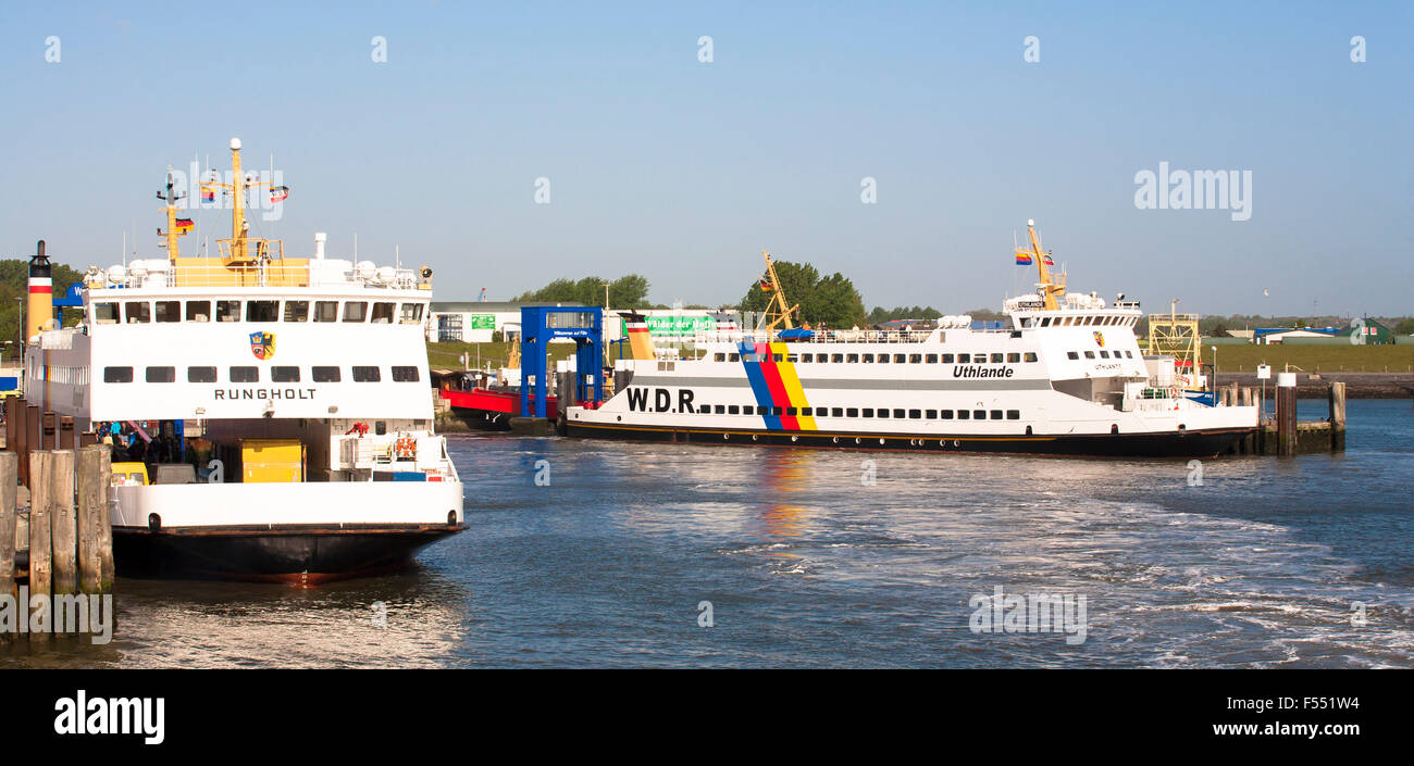 DEU, Germany, Schleswig-Holstein, ferry boats of the shipping company Wyker Dampfschiffs-Reederei in the harbour of Wyk on Foehr Stock Photo