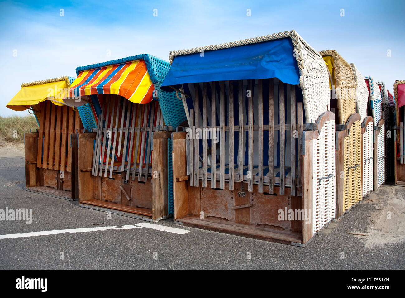 DEU, Germany, Schleswig-Holstein, North Sea,  Amrum island, beach chairs in Nebel.  DEU, Deutschland, Schleswig-Holstein, Nordse Stock Photo