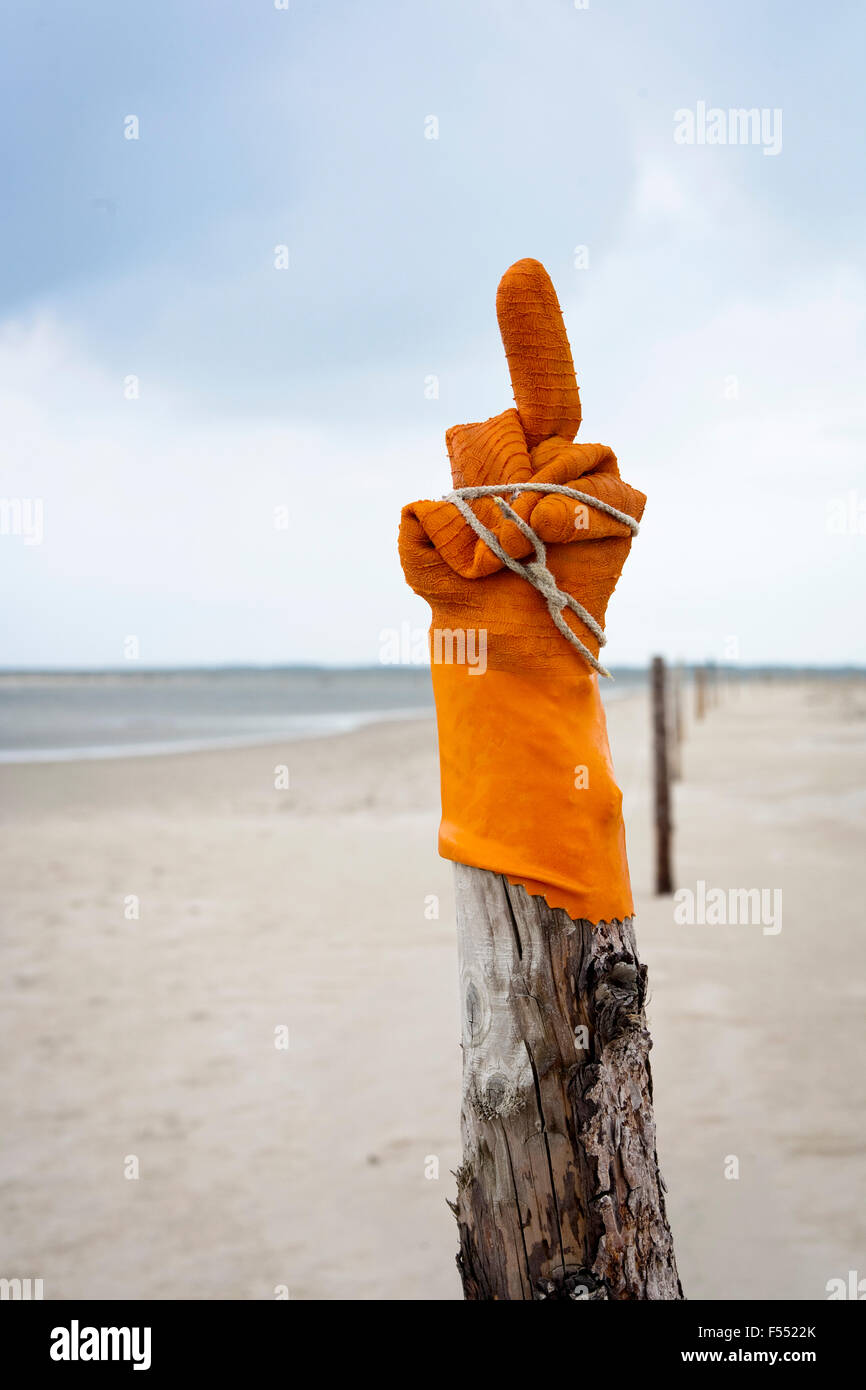 DEU, Germany, Schleswig-Holstein, North Sea,  Amrum island, rubber glove on a pole at he the beach near Norddorf, middle finger. Stock Photo