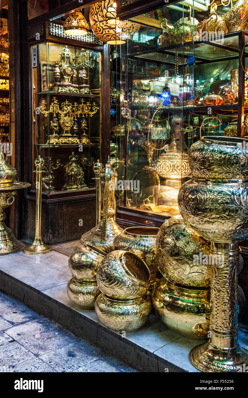 Traditional Arabian brass in the Khan el-Khalili souk in Cairo. Stock Photo