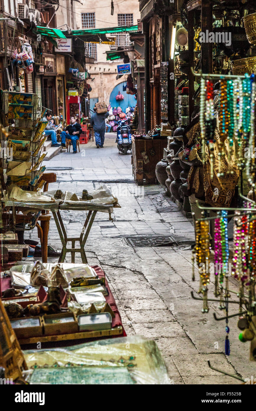 Tourist souvenirs in a back street of the Khan el-Khalili souk in Cairo. Stock Photo