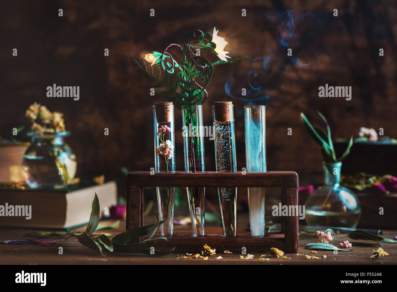Alchemical flower. Stand with four tubes and glowing flower of fern Stock Photo