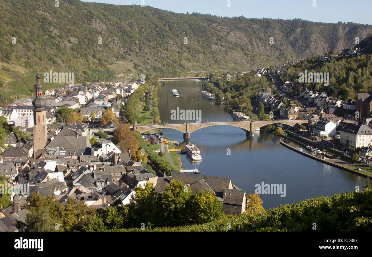 View from Cochem castle of the Moselle river and town below.  Cochem, Germany. Stock Photo