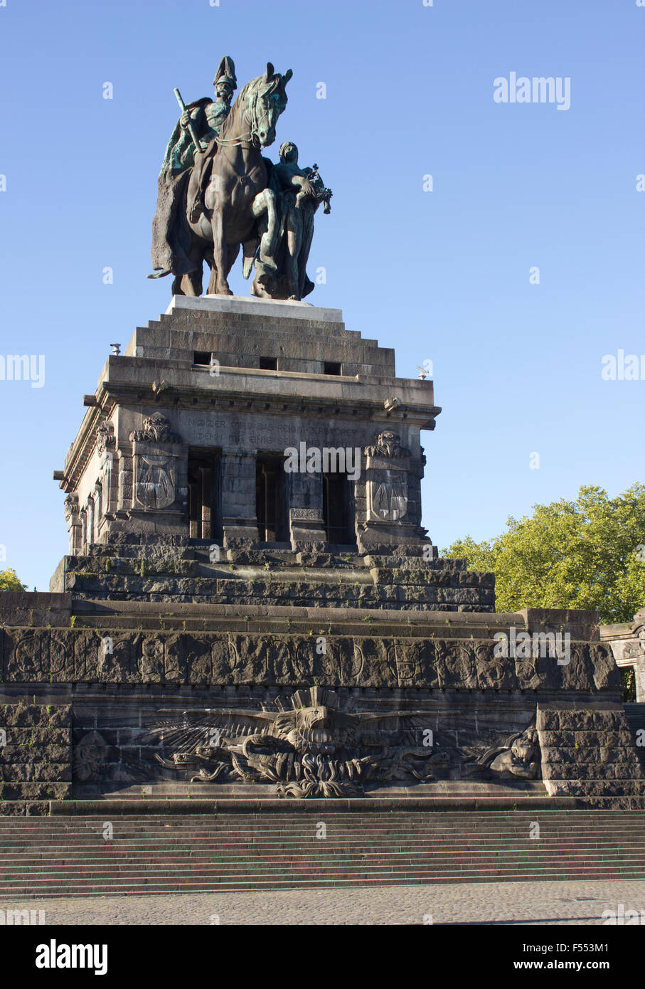 Deutsche Eck or German Corner, Koblenz, Luxembourg.  Marks the confluence of the Moselle and Rhine rivers. Stock Photo