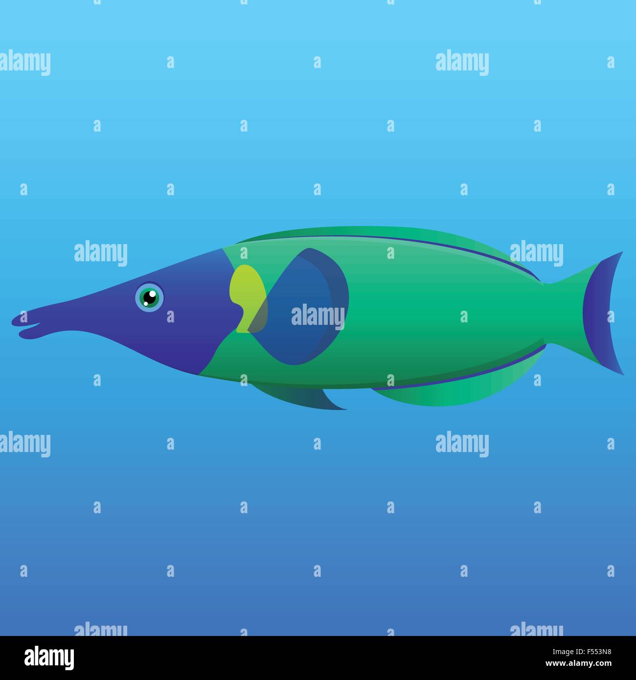 A vector illustration of a blue, lime and green long nosed bird wrasse fish on blue background. Stock Vector