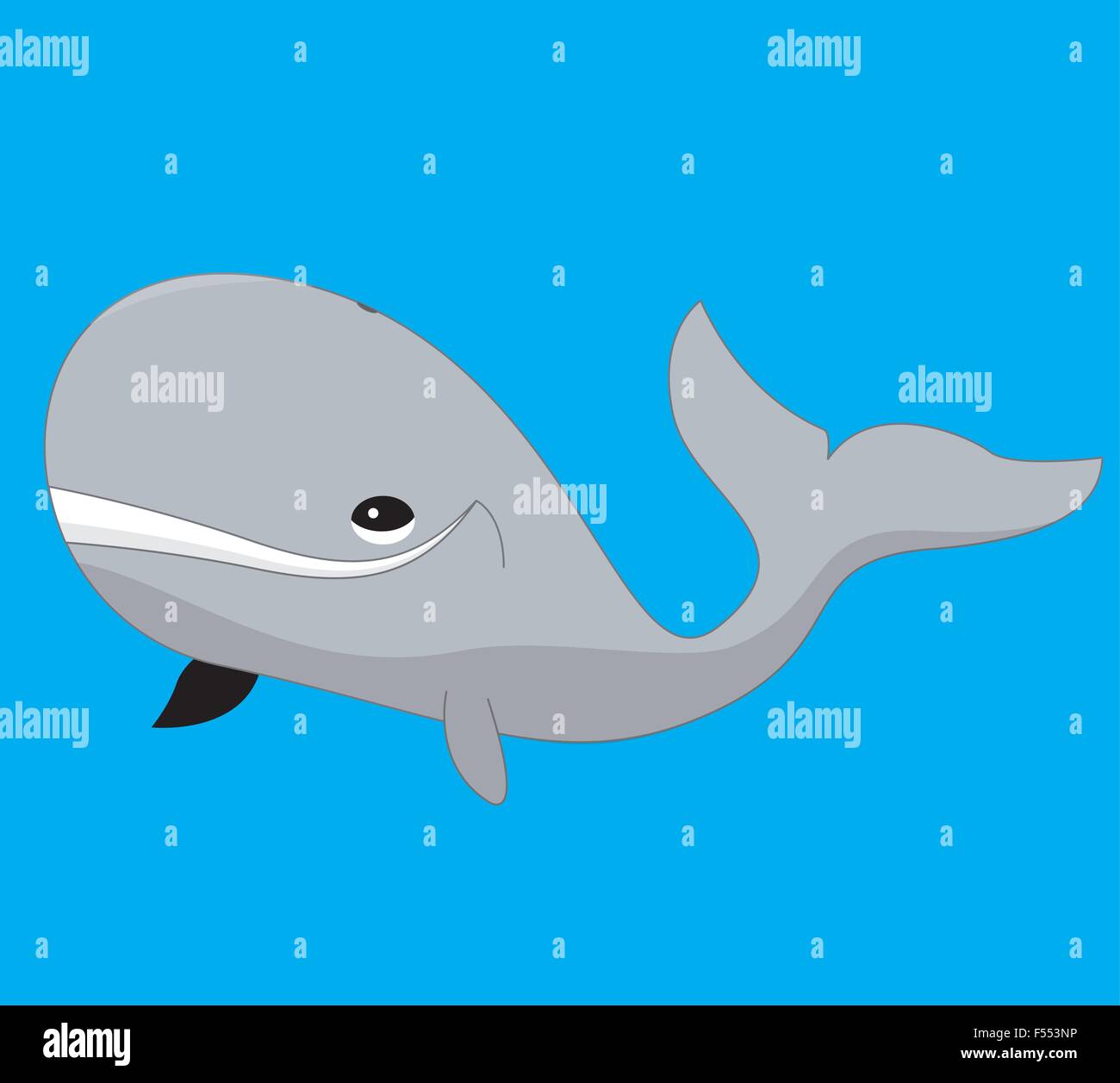 A vector illustration of a grey cartoon whale on blue background. Stock Vector