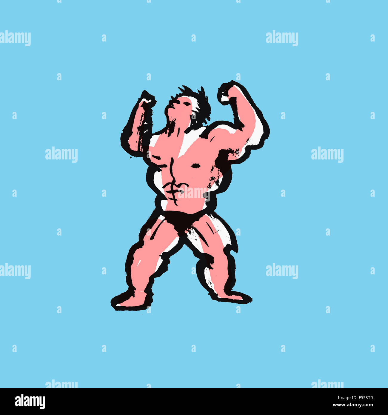 Illustration of man flexing his muscles against blue background Stock Photo
