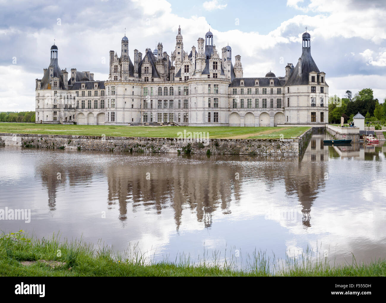 Chambord and its Canal Reflection. A detailed image of the huge Château of Chambord including its reflection in the canal Stock Photo