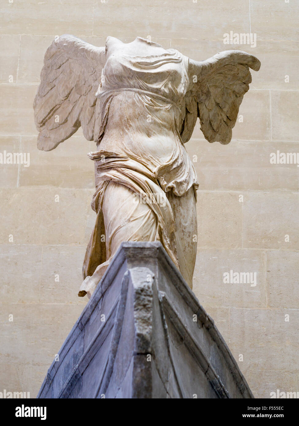 Marble sculpture of Winged Victory of Samothrace from below. A 2nd century BC sculpture of The Greek godess Nike or Victory foun Stock Photo