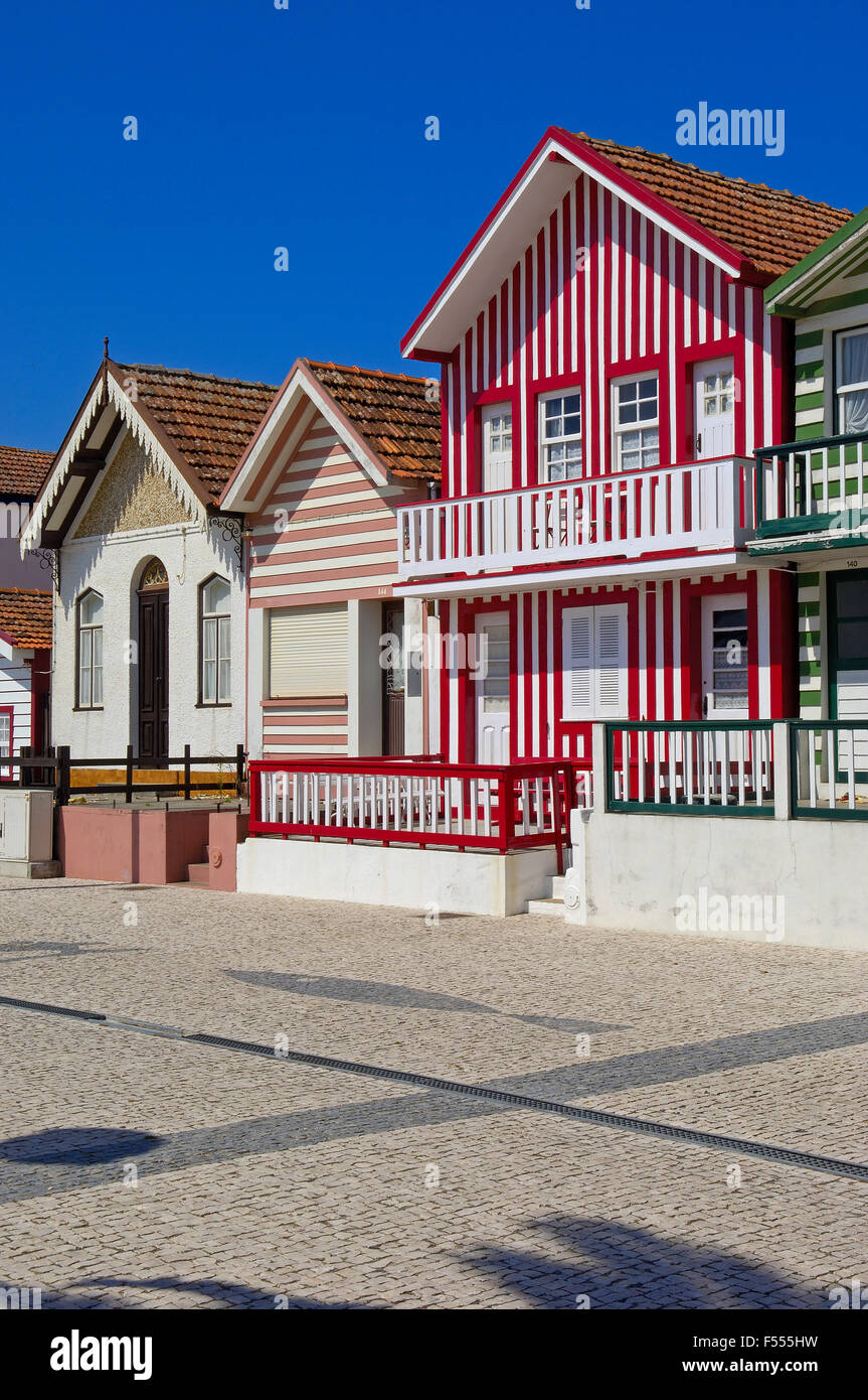Colorful Houses( Palheiros), Costa Nova, Aveiro, Beiras region, Portugal Stock Photo