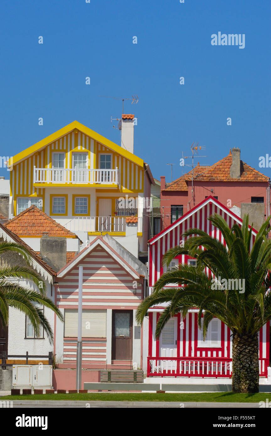 Colorful Houses( Palheiros), Costa Nova, Aveiro, Beiras region, Portugal Stock Photo