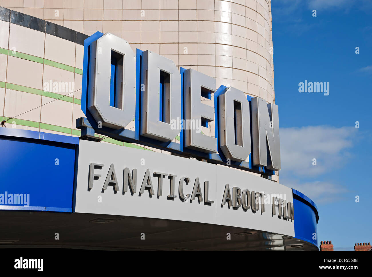 Close up of Odeon Cinema logo sign signage exterior East Parade Harrogate North Yorkshire England UK United Kingdom GB Great Britain Stock Photo