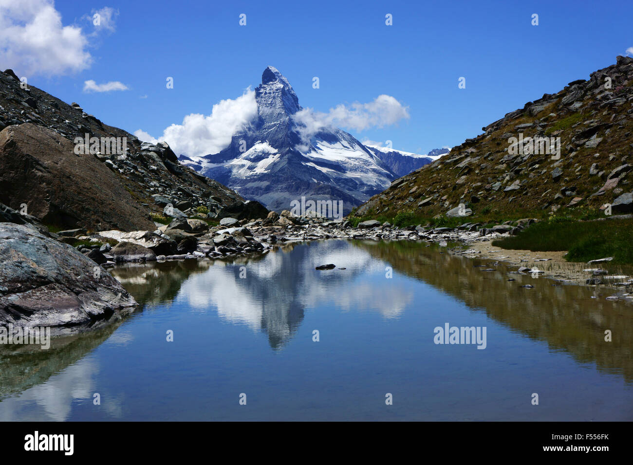 Matterhorn reflection in Lake at Alp Pfulm,, Zermatt, Valais or Wallis, Swiss alps, Switzerland Stock Photo
