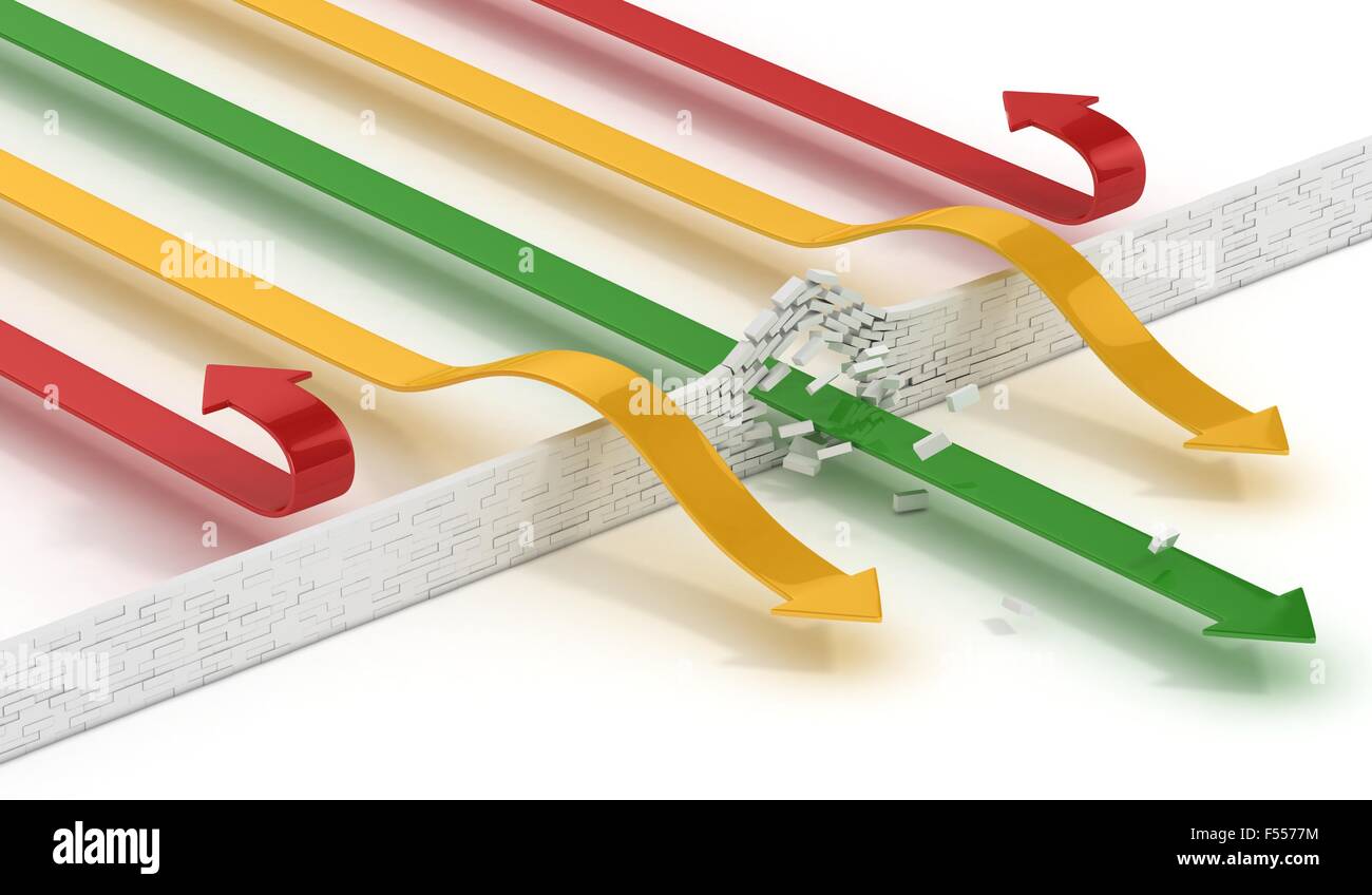 arrows breaking or passing brick wall abstract 3d illustration - power ...