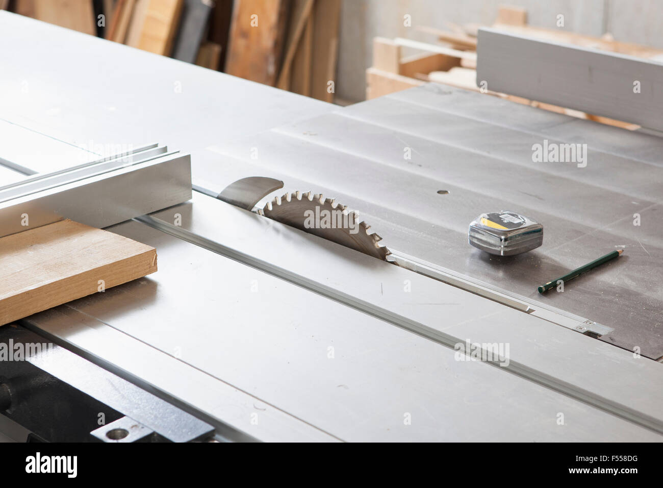 High angle view of sliding table saw in workshop Stock Photo