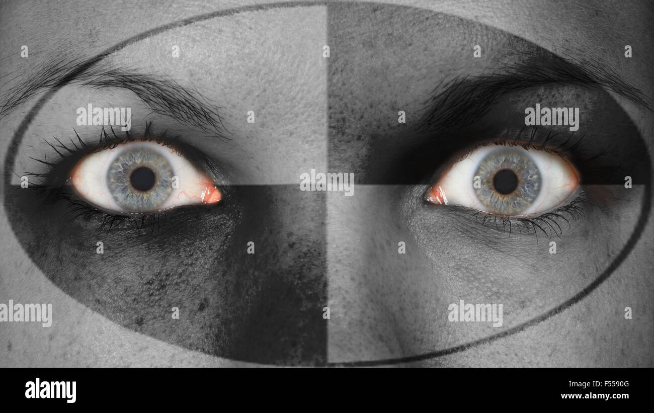 Women eye, close-up, eyes wide open, crash test dummy Stock Photo