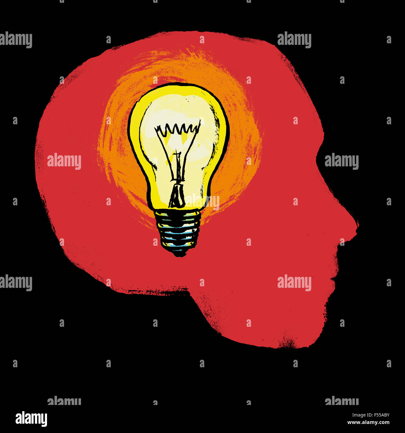 Illustration of illuminated light bulb in human head against black background Stock Photo