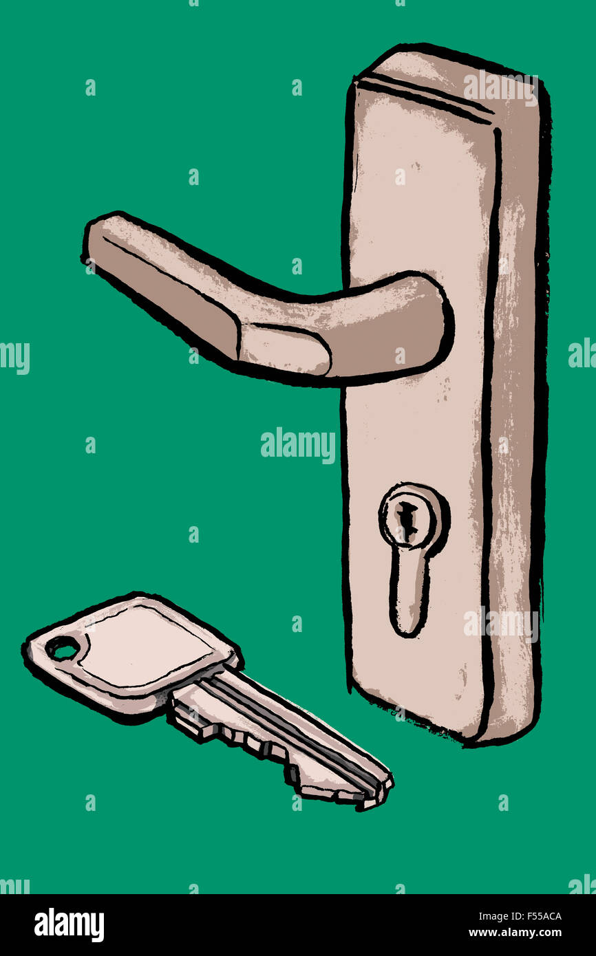 Illustration of key and door handle against green background Stock ...