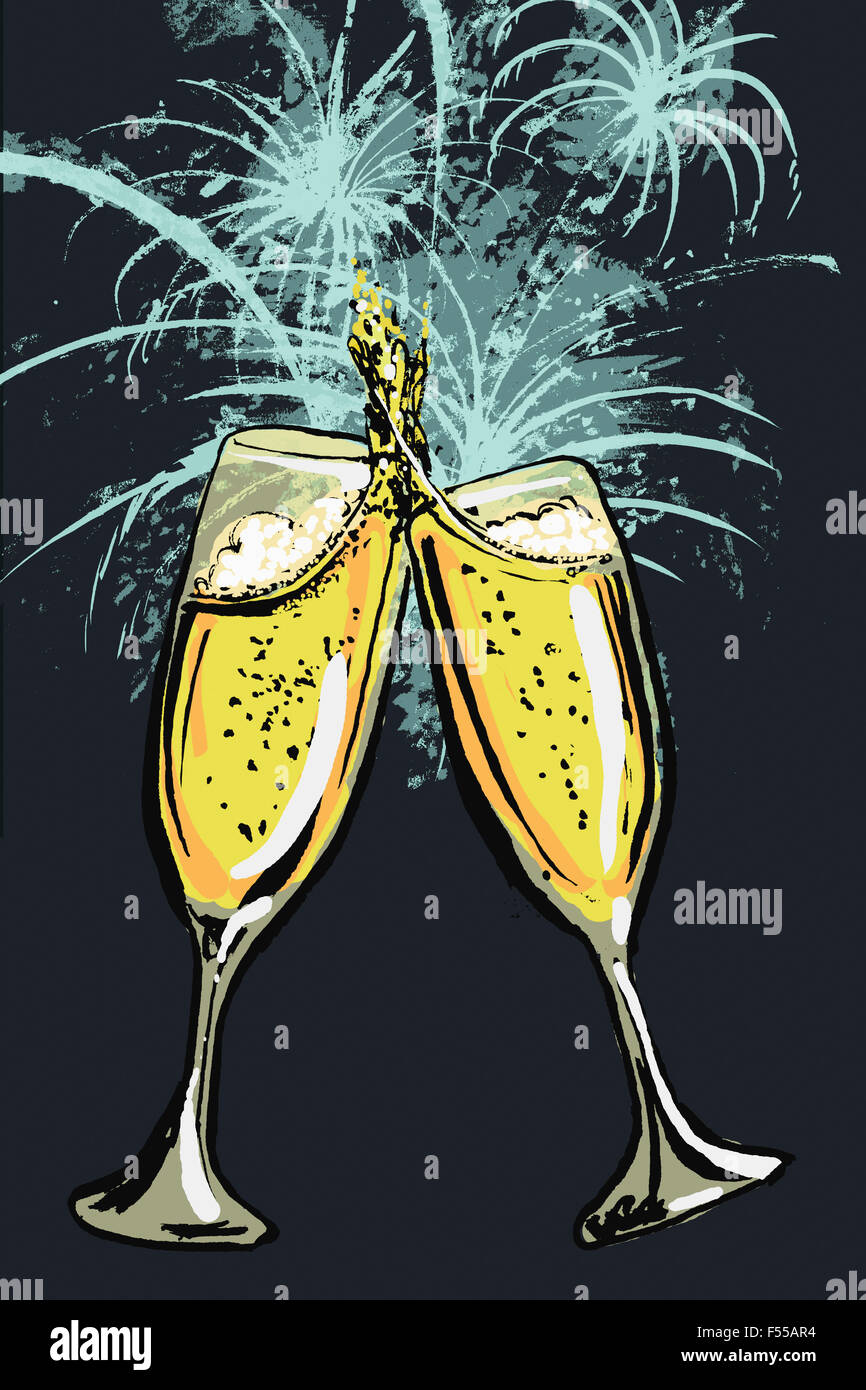 Illustration of champagne flutes toasting against fireworks Stock Photo