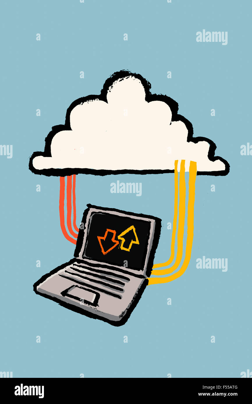 Illustration of laptop connected to cloud against blue background Stock Photo