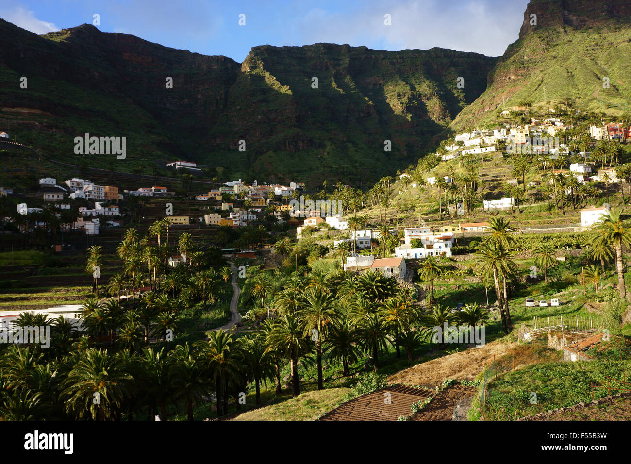 Upper Valle Gran Rey with town Higuera del Llano, island La Gomera, Canary islands, Spain Stock Photo