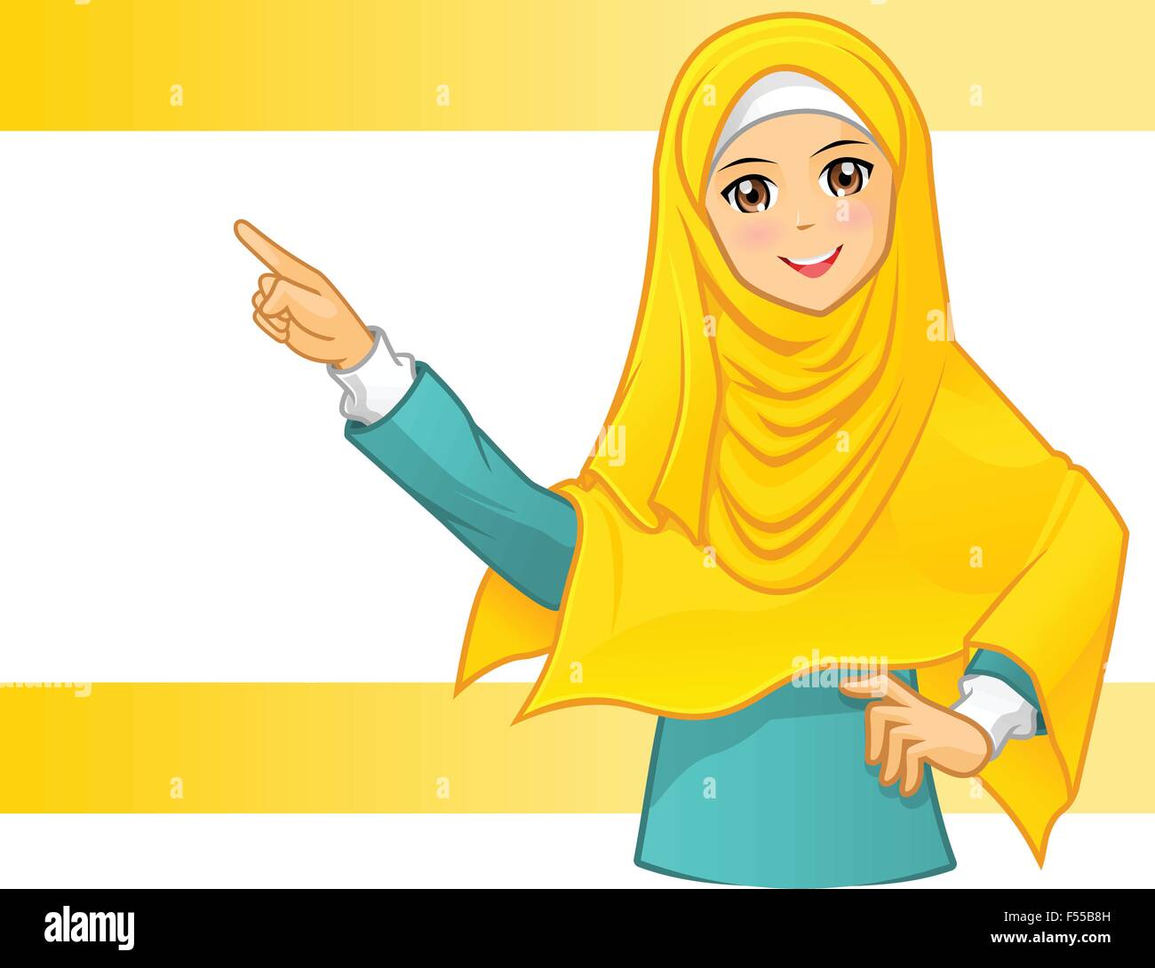 High Quality Muslim Woman Wearing Yellow Veil with Pointing Arms Cartoon Character Vector Illustration Stock Vector