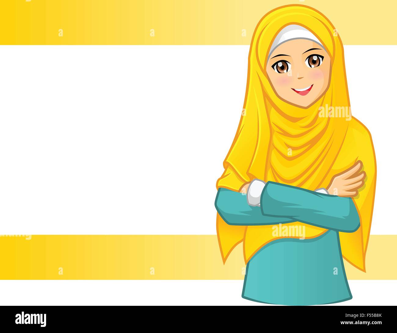 High Quality Muslim Woman Wearing Yellow Veil with Folded Arms Cartoon Character Vector Illustration Stock Vector