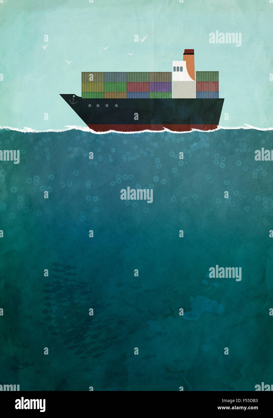 Illustration of cargo ship sailing on sea Stock Photo