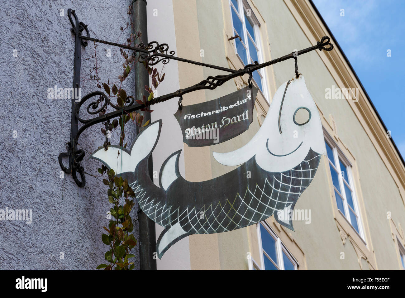 The sign of the famous, and possibly last, professional fisherman in Passau, Anton Hartl. Lower Bavaria, Germany. Stock Photo